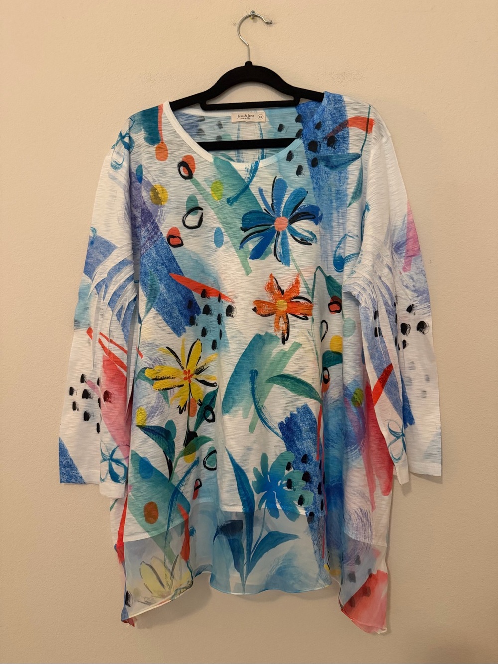 Jess & Jane Flora Chiffon Hem Tunic Top Size 1X Floral Lagenlook